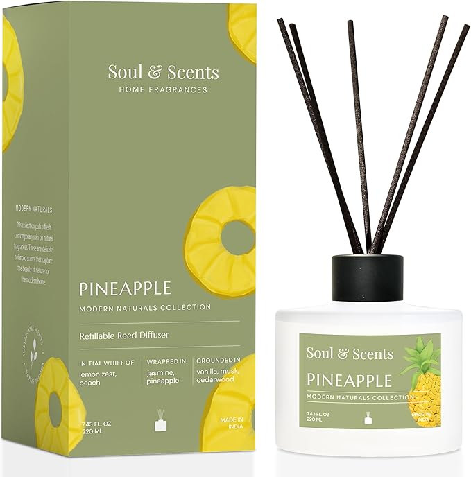 Soul & Scents Reed Diffuser Set – Pineapple | 7.43 oz Refillable Scented Oil with 6 Fiber Sticks | Long-Lasting Home Fragrance & Air Freshener for Bedroom, Bathroom, Office | Gift & Décor Piece
