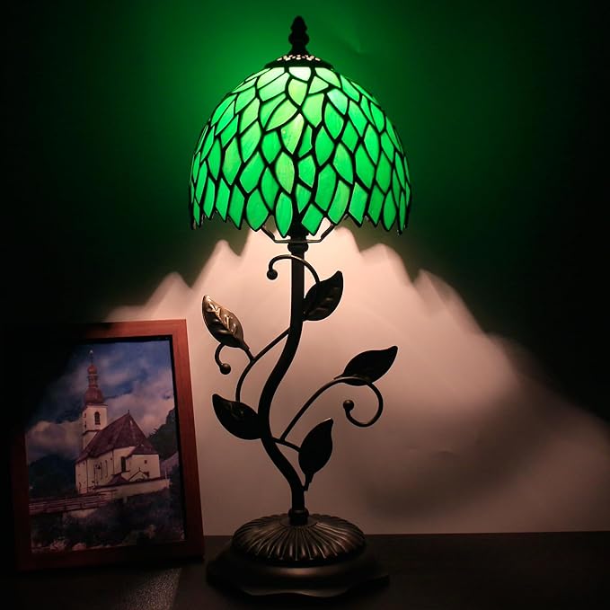 Small Tiffany Lamp Stained Glass Table Lamp Metal Leaf Accent Desk Memory Lamp Sympathy 8X20 Inch (Green Wisteria Leaves Style)
