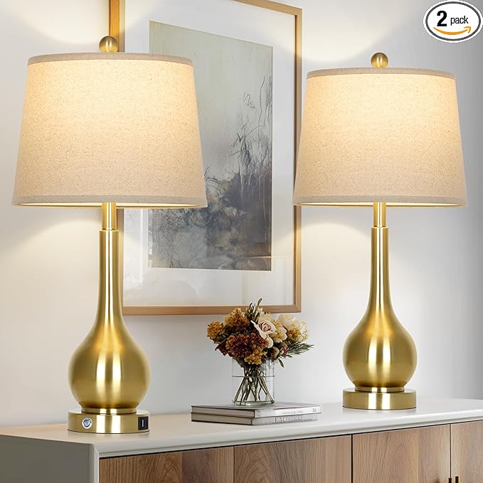 26" Gold Table Lamps Set of 2 for Living Room, Touch Control Bedroom Lamps for Nightstand, 3-Way Dimmable Bedside Lamp with USB A+C Port (2 LED Bulbs Included)