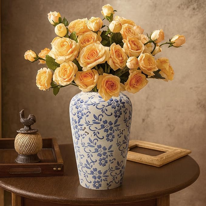 BEAHOT 8.6 Inch Chinoiserie Ceramic Vase – Blue and White Tall Vintage Flower Vase, Large Retro Chinoiserie Cracked Porcelain Decor for Living Room Centerpieces, Bookshelf, Grand Millennial Decor