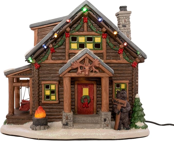 Christmas Village Moose Lodge Retreat | Christmas House Collection Accessories Figurines for Decorations and Gifts | Sound with Multicolor LED Lights