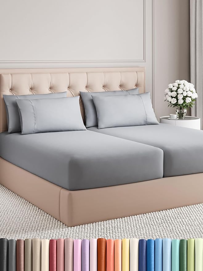 Split King Sheets Set 7 Piece - Includes 4 Pillowcases - Bed Sheets Split King - Soft Hotel Luxury Bedding - Cooling and Breathable - 1 Flat & 2 Fitted & 4 Pillowcases w/ Deep Pockets - Steel Blue