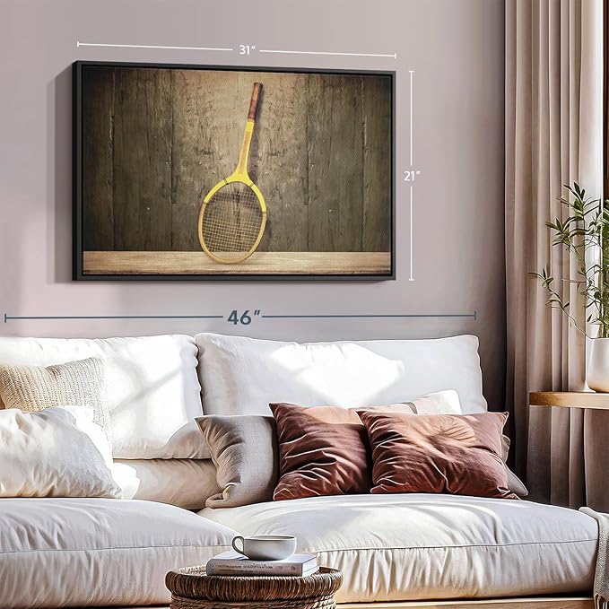 ElephantStock Vintage Tennis Racket Wall Art - Horizontal Framed Canvas - 1-Piece Living Room Wall Decor - Photography Sports Canvas Print - Brown and Black Decor for Wall - 31" X 21"