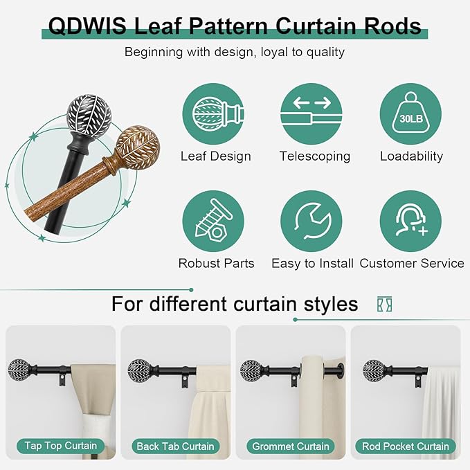 Black Curtain Rods for Windows 72 to 144 Inch,1'' Diameter Drapery Rods with Leaf Pattern Finials,Decorative Adjustable Heavy Duty Curtain Rods Set,36-150''