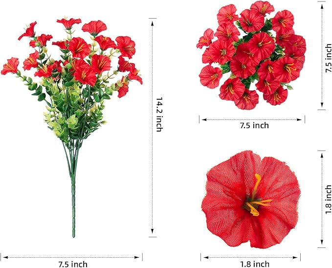 HyeFlora Artificial Flowers for Outdoors Fake Plants Outside Decoration, 12 Bundles Silk Red Morning Glory UV Resistant Look Real Faux Flowers for Planter Front Door Porch Patio Yard Gardens Balcony