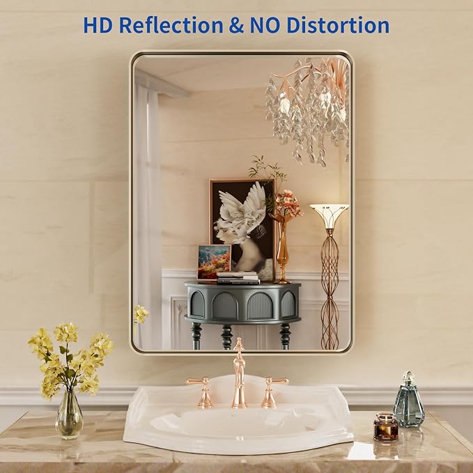 WEER 22X30 Inch Brushed Nickel Bathroom Mirror, Brushed Silver Metal Frame Mirror, Rounded Rectangle Silver Bathroom Vanity Mirror, Tempered Glass, Anti-Rust, Hangs Horizontally or Vertically