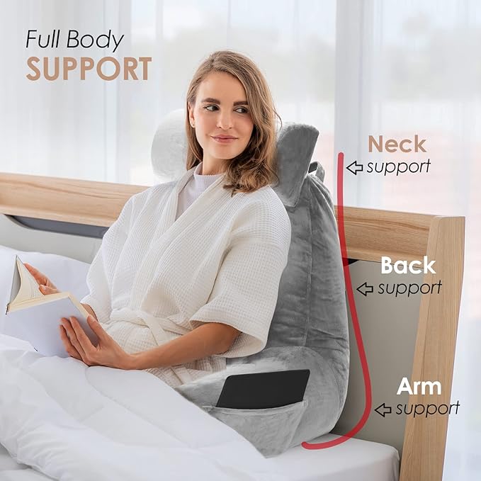 Nestl Reading Pillow Large Bed Pillow, Back Pillow for Sitting in Bed Shredded Memory Foam Chair Pillow, Reading & Bed Rest Pillows Light Grey Back Pillow for Bed, Bed Chair Arm Pillow with Pockets