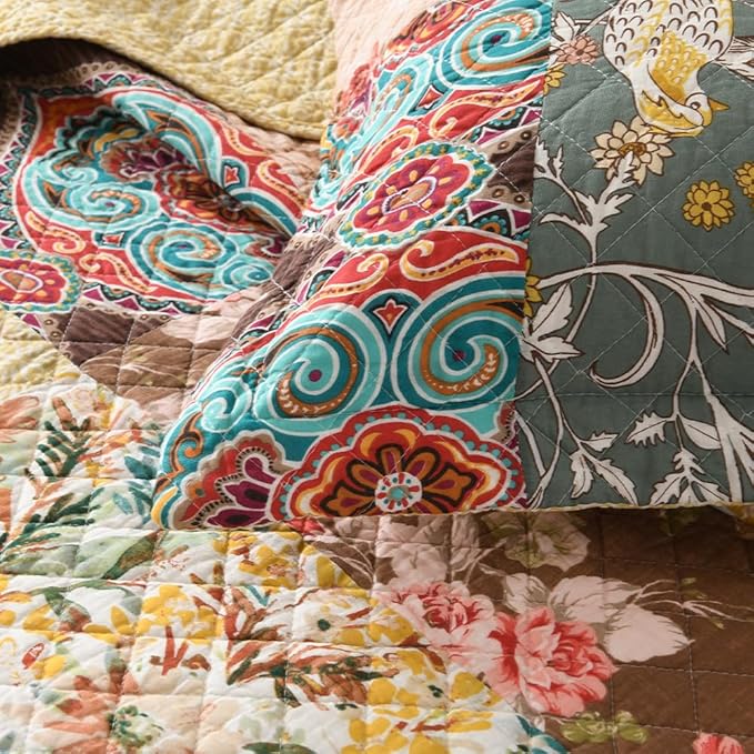 ENASAL Cotton Bedspread Quilt Sets Reversible Bedding Coverlet Sets Luxury Vintage Rustic Gorgeous Paisley Floral Yellow Real Patchwork Bedspread, King Size