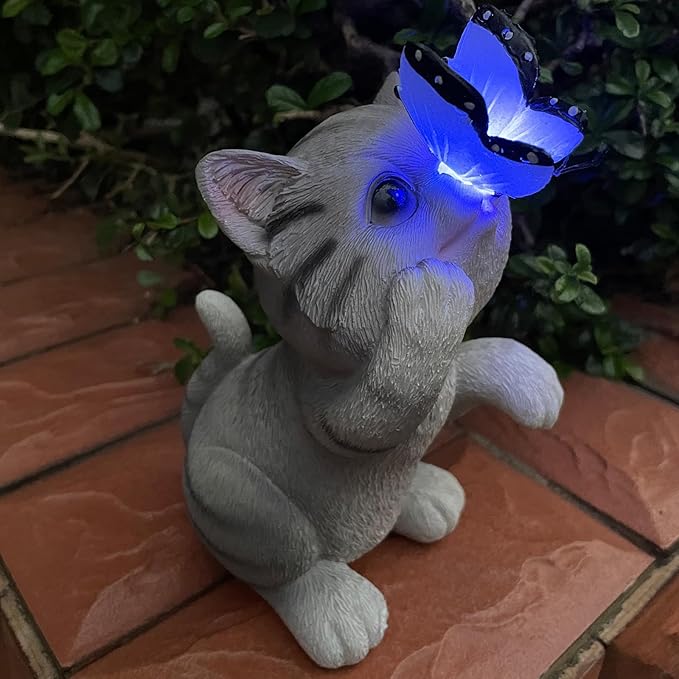 Solar Cat Outdoor Figurines Garden Decor with Butterfly Cat Statue Light for Lawn Ornaments Porch Patio Balcony Yard Decorations Outdoor Birthday Gifts for Women Grandma Mother’s Day