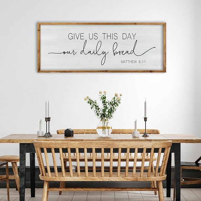 ZZJJHYWGQ Dining Room Wall Decor Give Us This Day Our Daily Bread Sign Bible Verse Christian Quotes 32"×12" Matthew 6:11 for Kitchen Large Farmhouse Rustic Horizontal Wall Hanging Art (Wood)