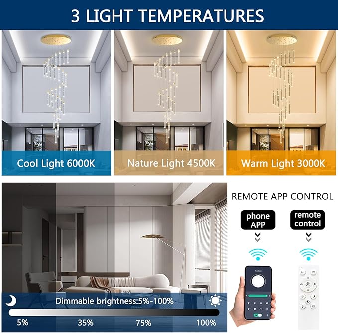 Modern 30-Light LED Chandelier for Living Room, Dining Room & Entryway - Dimmable Spiral Crystal Gold Hanging Light Fixture