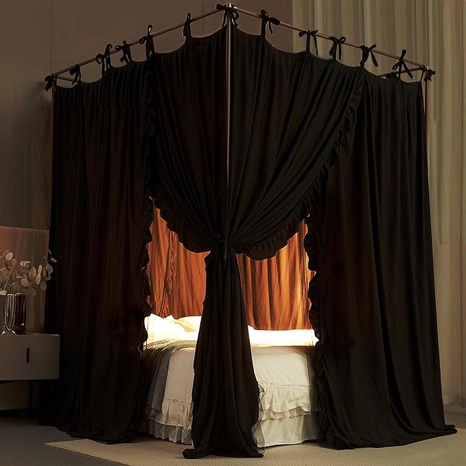4 Corners Post Princess Curtain Bed Canopy Double Layer Cozy Mosquito Net Mesh and Cloth for Girls Adults Bedroom Decoration (Double-Black/Black, 78" W*86" L*82"*H/(King))