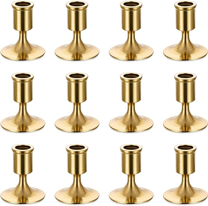 Sziqiqi Candlestick Taper Candle Holders - Gold Candle Stick Candle Holder Bulk Decorative Table Centerpiece for Wedding Reception Christmas Candlelight Dinner Bridal Showers Party Decor Pack of 12