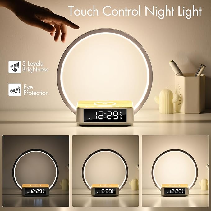 WILIT Bedside Lamp with Alarm Clock,Touch Lamp with Wireless Charger,Nightlight for Bedroom,Sunrise Wake-up Light,3-Grade Dimmable,Birthday Gifts for Her,Women,Men,Mom,Daughter,Girlfriend(Wood Grain)