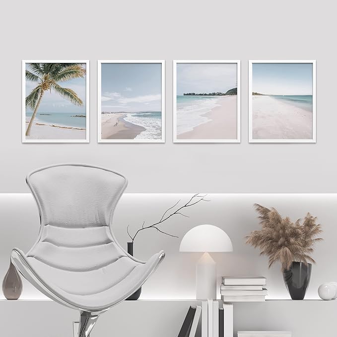 SIGNWIN Framed White Beach Shore Tropical Palm Tree Island Wall Art, Set of 4 Landscape Colorful Wall Decor Prints, Nature Wilderness Wall Décor for Living Room, Bedroom - 11"x14" White