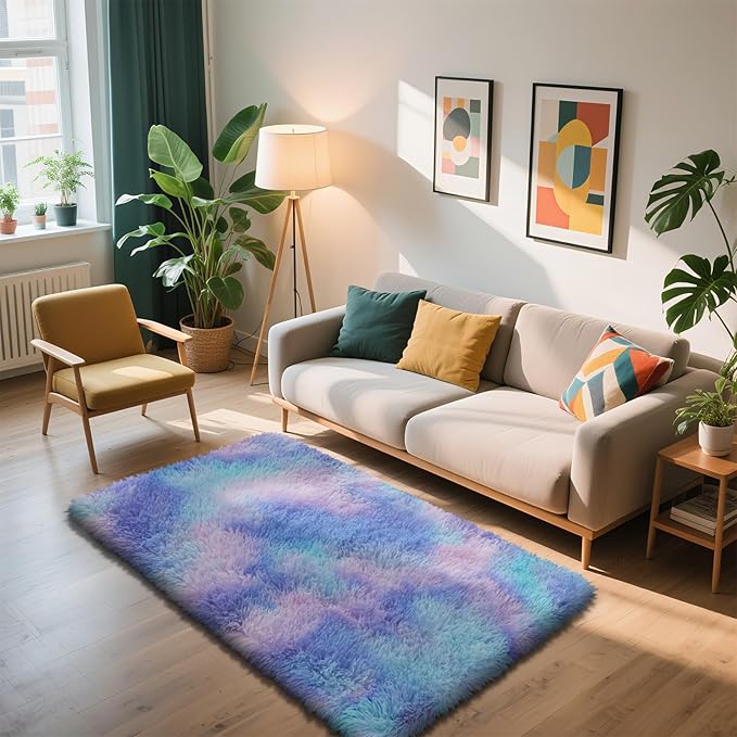 Shag Area Rug for Bedroom 3x5,Fluffy Area Rugs for Living Room,Soft Fuzzy Rug Non-Shedding Indoor Plush Carpet for Kids Bedroom Nursery Dorm Home Decor,Rainbow Purple