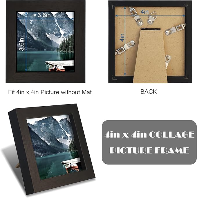 4x4 Black Picture Frames set of 3, Made of Wooden and Real Glass Small Square frame - Display on Table Desk Top or Wall Hanging