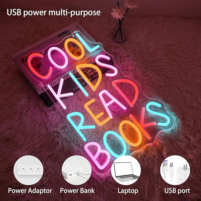 Cool Kids Read Books Neon Sign for Wall Decor, Reading Books Neon Light, Classroom Letter LED Light Up Sign for Library Classroom Reading Corner Bedroom Decor