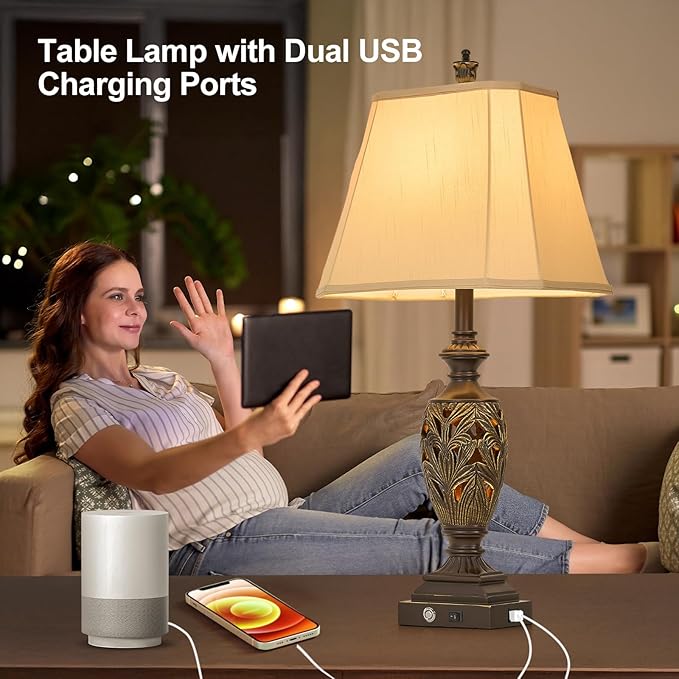 29.5" H Touch Traditional Table Lamp Set of 2,Vintage Bedside Nightstand Lamps with Dual USB and Night Light, 3-Color Hollow Out Leafwork Bronze Gold Finish Desk Lamps for Living Room,Bedroom