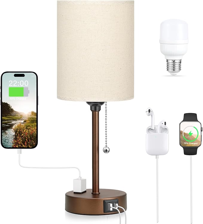 Dicoool Small Bedside Table lamp for Bedroom - 3 Color Temperatures Brown Bedside Lamps with USB C and A Ports, Pull Chain Table Lamps with AC Outlet, Black Nightstand Lamps for Kids Reading Study