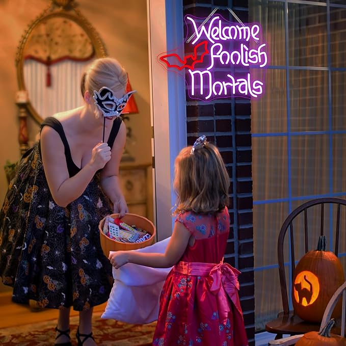 WLHOPE Welcome Foolish Mortals Halloween Neon Sign LED Neon Signs for Wall Halloween Decor Light Up Sign for Wall Decor Party Door Windows Bar Man Cave Decoration USB Powerd 16.1x12.6inches
