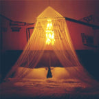 Bed Canopy with Double Circle White Feather Dream Catcher and 50 LED Fairy String Lights, Mosquito Net - Unique Style Dome Bed Netting Canopy Curtains Canopy - Suggested for Twin Full Queen King Bed