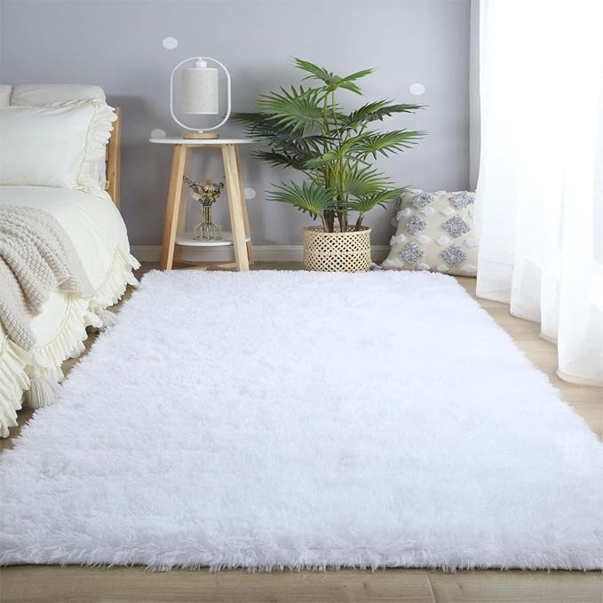 CAIYUECS Shag Area Rug,Indoor Ultra Soft Shaggy Plush Rugs for Bedroom Living Room, Non-Skid Modern Nursery Faux Fur Rugs for Kids Room Home Decor (3x5 Feet, White)