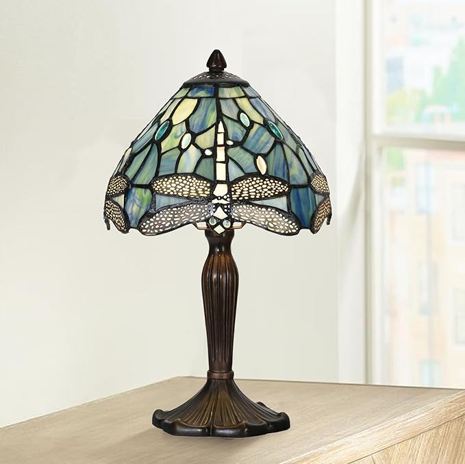 TL0008 Tiffany Lamp Sea Blue Stained Glass Dragonfly Style Desk Reading Light for Small Space Bedside Bedroom Home Office,8" D x 14.25" H, LED Bulb Included