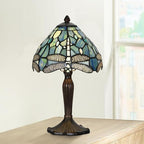 TL0008 Tiffany Lamp Sea Blue Stained Glass Dragonfly Style Desk Reading Light for Small Space Bedside Bedroom Home Office,8" D x 14.25" H, LED Bulb Included