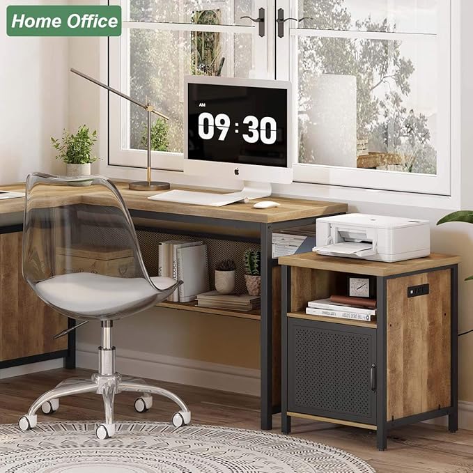 FATORRI End Table with Storage, Rustic Side Table for Living Room, Narrow Wood and Metal Bedside Tables with Door (Rustic Oak)