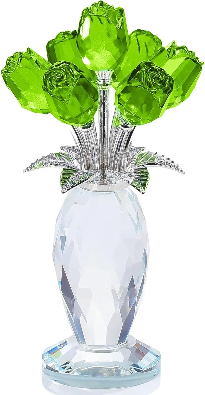 Glass Rose Flowers, Crystal Glass Figurines Rose Decorations for Home Gifts for Mom Wife Grandma, Crystal Flowers Collectible Ornament Mother's Day Thanksgiving Anniversary Birthday Gifts (Green Rose)