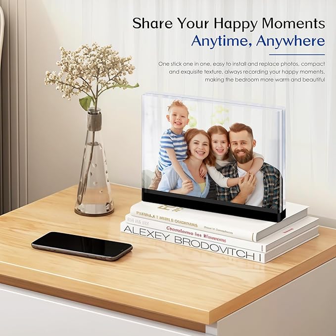 Magnetic Acrylic Picture Frames – Thick Double-Sided Clear Display, Black Base Decorative 5x7 Photo Frame for Home & Office Desktop (3-Pack, Horizontal)