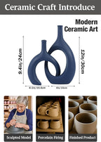 Blue Ceramic Vase Set of 2 - Modern Navy Blue Vase for Dining Table Centerpieces, Farmhouse and Home Decor, Office Partitions, Mantelpiece, Entrance Decoration