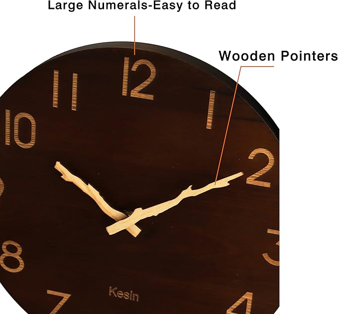 Kesin Wall Clock 10 Inch Silent Wooden Wall Clock Battery Operated Hand Made Retro Fashion Clock with Rope Hanging Decorative for Living Room,Kitchen,Bedroom,Office