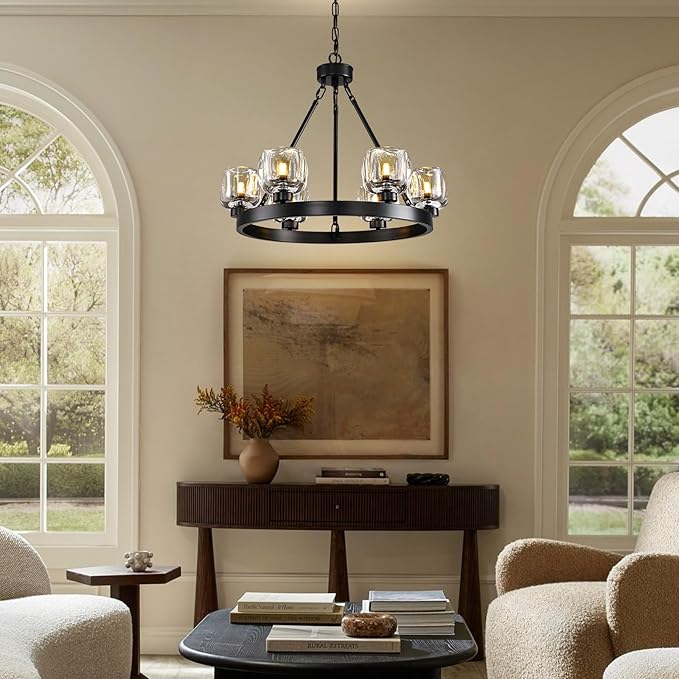 Black Wagon Wheel Chandelier, 24 Inch Black Chandeliers with Unique Glass Shade, 6-Light Crystal Farmhouse Wagon Wheel Chandeliers for Dining Room, Round Chandelier for Living Room, Foyer, Entryway