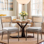 Rattan Dining Chairs Set Of 2 , Mid Century Modern Upholstered Cane Back Chairs with Removable Linen Cushion , Retro Farmhouse Natural Wooden Kitchen & Dining Room Chairs for Restaurant Living Room