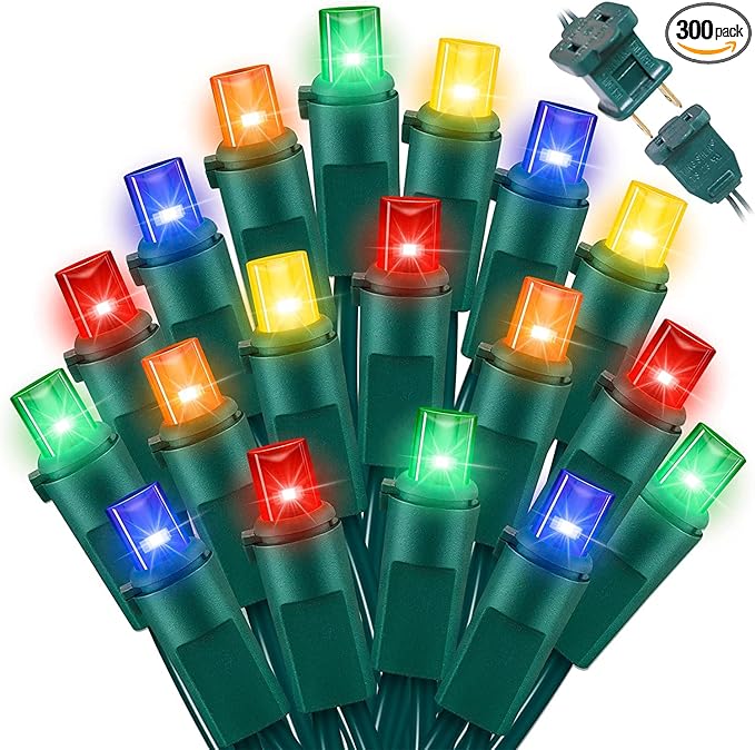 Multicolor Wide Angle LED Christmas Lights, 64.8 Ft 300 Count, Pack of 3 Strands 21.9 Ft 100 Lights UL Certified Commercial Grade Green Wire 5mm Holiday String Light
