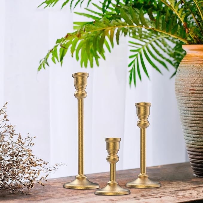 3-Piece Metal Candle Holders Set - Heavy Duty Alloy Taper Candlesticks for Table Centerpiece, Christmas, Dinner Party, Vintage Home Decor - 5-7.5 -10.3Inch Tall, Antique Gold Finish (Gold)