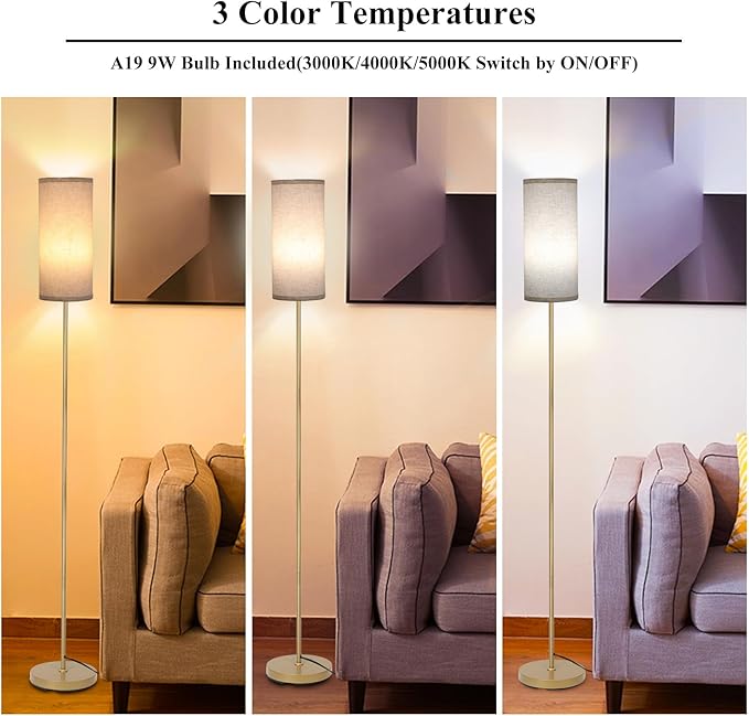 Boostarea Floor Lamp for Living Room with 3 Color Temperatures Bulb, Industrial Floor Lamps, Gold Classic Tall Lamp for Office, Standing Lamps for Bedroom, Kids Room, Reading(9W LED Bulb, Linen Shade)
