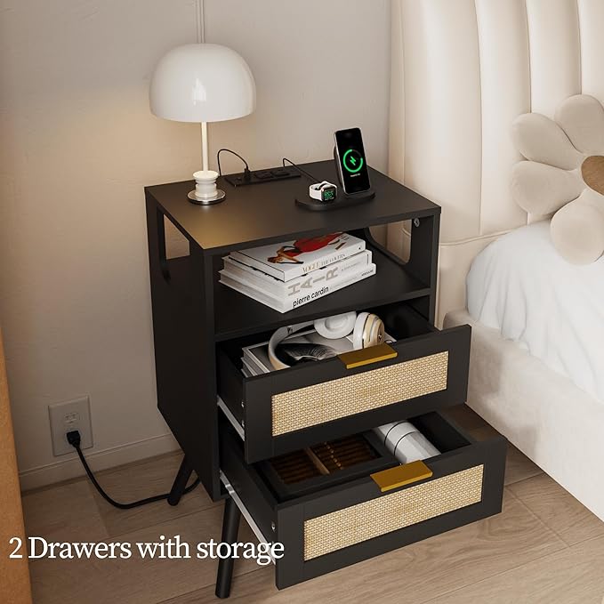 Rattan Nightstand with Charging Station,Farmhouse Bedside Table with 2 Storage Drawer and Open Wood Shelf, for Bedroom and Small Spaces,Night Stand with Solid Wood Legs (Black-Outlet)