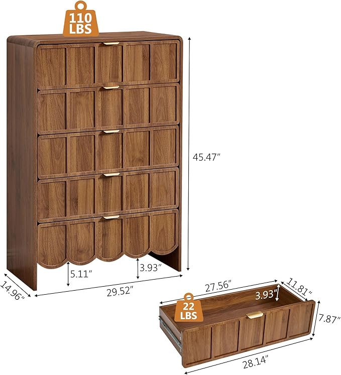 5 Drawer Dresser for Bedroom Set of 2, Modern Closet Chest of Drawers with Wave Fluted Drawer, Wood Storage Small Dresser Organizer for Nursery Bedroom Living Room Hallway Closet (Walnut)