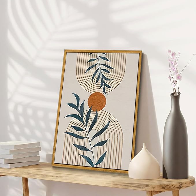 Bwodke Boho Wall Art, Framed Abstract Wall Art, botanical Neutral Canvas Wall Decor, Large Mid Century Plant Pictures Set of 3, Modern Minimalist Paintings ，for Bedroom Living Room Bathroom