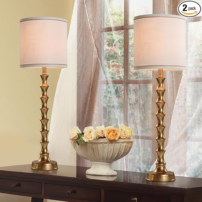 30.5" Buffet Lamps Set of 2 for Living Room, Buffet Lamps for Dining Room, Gold Lamp Set of 2 for Credenza, Modern Golden Table Lamp Tall Skinny, Gold Bamboo Candlestick Lampset for Bedroom