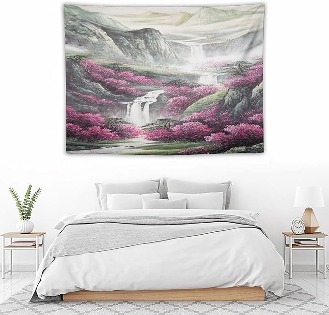 Japanese Tapestry, Red Plum Blossom Mountain, Nature Landscape, Bedroom Living Room Decor, 40"x30"
