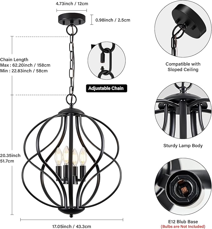 Modern Black Chandelier for Dining Room, 4 Lights Geometric Chandeliers, Sphere Chandelier Industrial Large Pendant Light Fixtures Hanging for Kitchen, Entryway, Foyer, Stairs