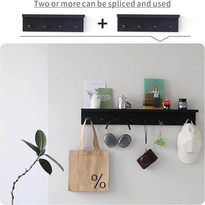 Entrance Coat Rack ，Coat Hooks, Wall-Mounted Wooden Hook Rack, Wall-Mounted Shelves are Very Suitable (Black Finish-1)