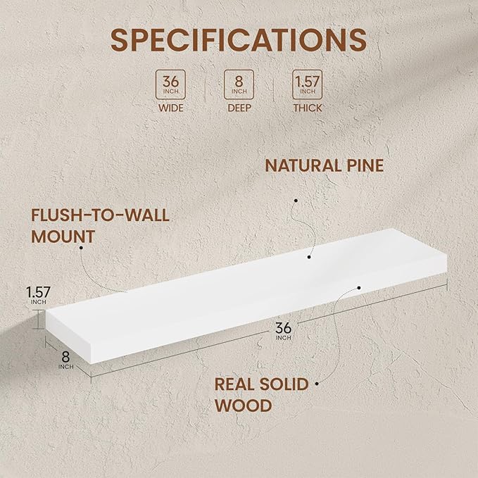 Heimlove 36 inch Floating Shelves for Wall,2 Packs Natural Pine Solid Wood Bathroom Shelf Over Toilet Decor and Storage 8 inches Deep for Kitchen Bedroom Office & Living Room Display Wall Decor