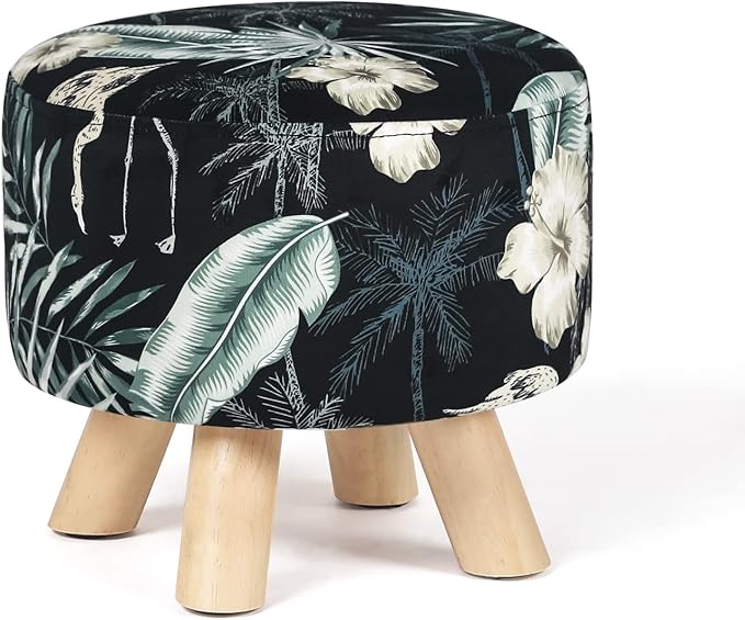 Asense Round Small Footrest Ottoman Velvet Fabric Padded Footstools with Anti-Slip Wooden Legs, Patterns Black
