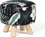 Asense Round Small Footrest Ottoman Velvet Fabric Padded Footstools with Anti-Slip Wooden Legs, Patterns Black