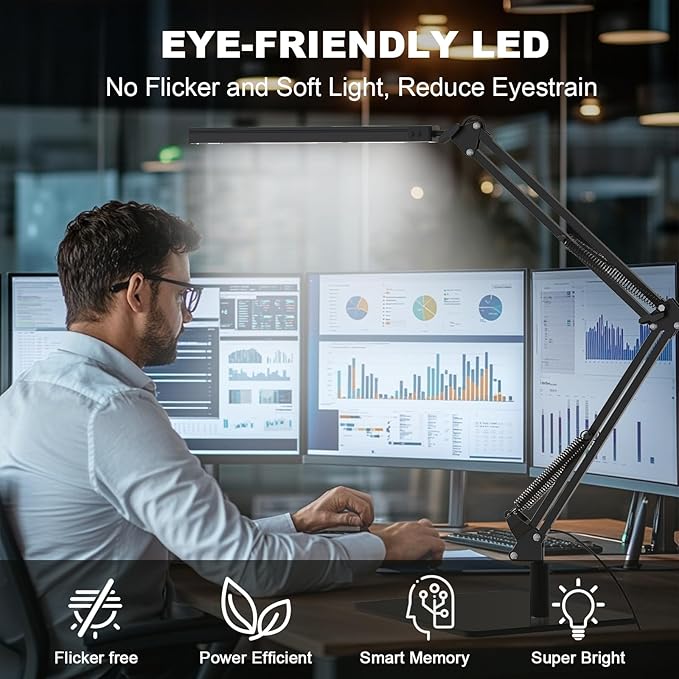 LED Desk Lamp for Home Office and Round Base, Clamp-On with 5 Light Modes & Auto Shut Off | 14W Adjustable Brightness 5000K Eye-Caring Lighting for Study/Bedroom/Computer Desk